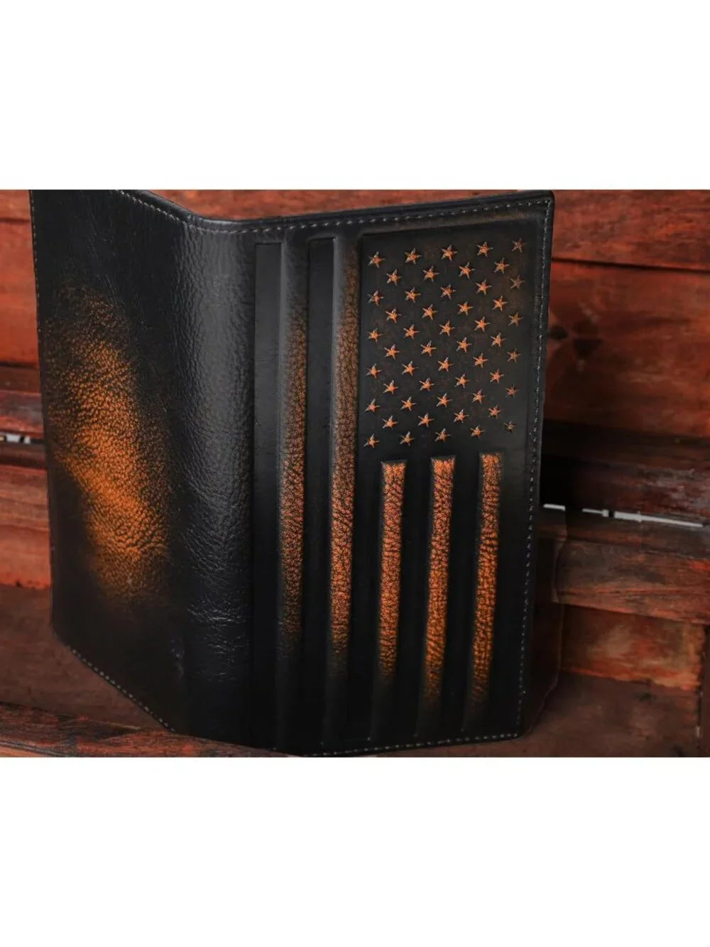 Men's Full Grain Leather RFID Blocking Bifold Wallet - USA Flag Design, Hand
